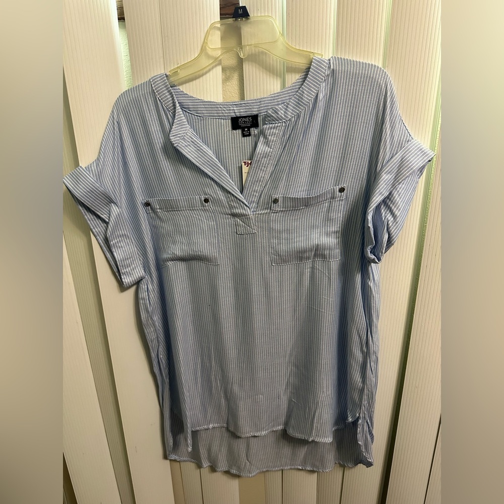 Jones New York Blue Cuffed Sleeve Blouse